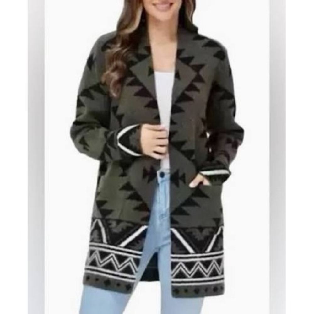 Frye Southwest Aztec Open Front Long Cardigan Sweater Jacket‎ Green Medium NWT